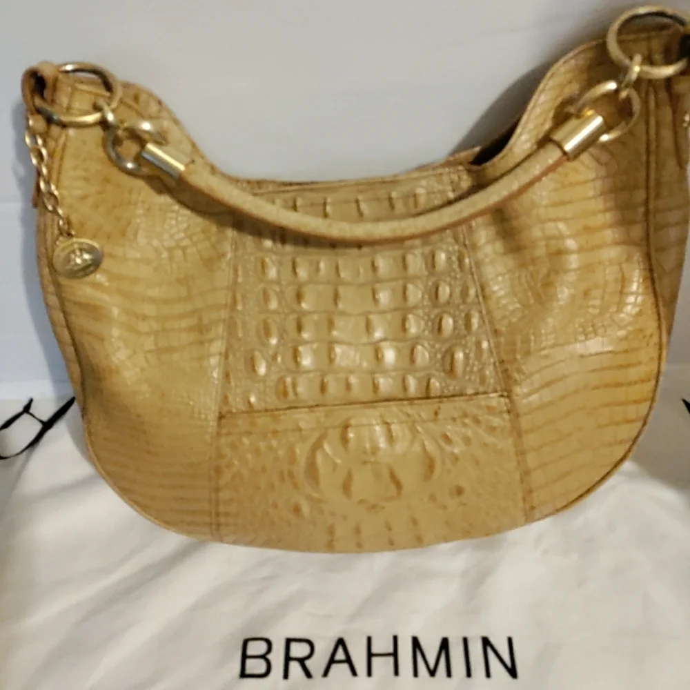 BRAHMIN Carmela Melbourne Hobo Shoulder Bag Croc-Embossed Leather Honey Caramel